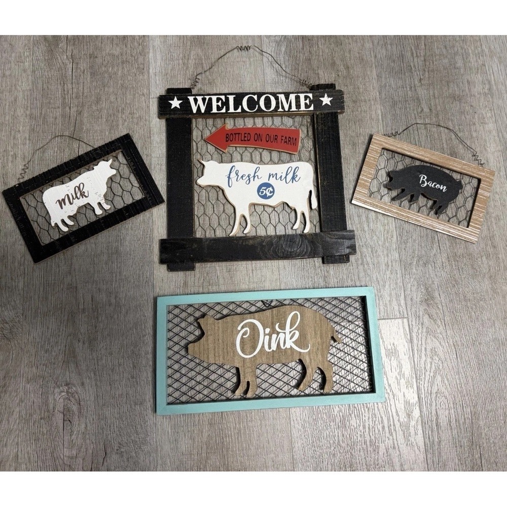 Farmhouse Hanging Wood Signs Wire Pig & Cow Rustic Distressed Decor Set Of 4 - Picture 1 of 7